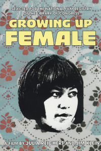 illustrated background with blue and grey tones with muted salmon colored flowers, and black and white photo of a woman, and title of film